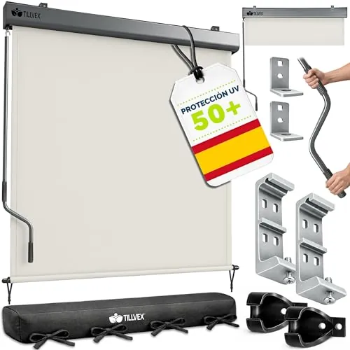 tillvex® Toldo Vertical de 160 x 250 cm para Exterior e Interior con Cubierta | Resistente al Agua con manivela para balcón, terraza y jardín | Estor para balcón, protección Solar de Aluminio