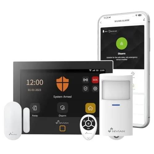 Sistema de Alarma WiFi + gsm Nivian NVS-TOUCHALARM-W | Seguridad para Hogar y Negocio | Alarma Inteligente con App, SMS, Llamadas, Sensor de Presencia y Apertura, Sirena Exterior