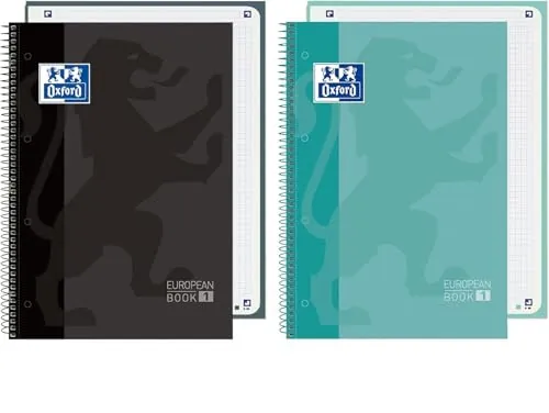 Oxford, Cuadernos A4, Pack 2 Libretas A4 Microperforadas Europeanbook 1, Tapa Extradura, Espiral, Cuadrícula 5x5, Color Ice Mint y Negro