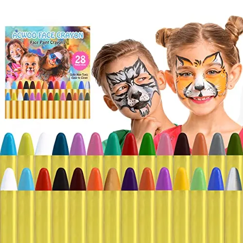 ACWOO Pintura de Cara, 28 Colores Seguridad No Tóxica Pintura Facial, Crayones de Maquillaje Ideal para Halloween Navidad Cosplay Fiesta y Party
