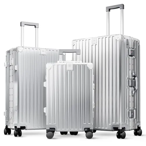 ALPHA CAMP Maleta de Cabina Media Grande M L XL con Cerradura TSA Rígida Policarbonato Maleta de Viaje con Marco de Aluminio Equipaje de Viaje Luggage, plata, M+L+XL 20/24/28 Inch