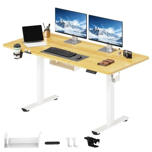 SANODESK Escritorio Elevable Eléctrico 140x60cm, Mesa Ajustable en Altura con Sistema Anticolisión, Función de Memoria de 4 Alturas con Gancho y Caja de Almacenamiento, Arce