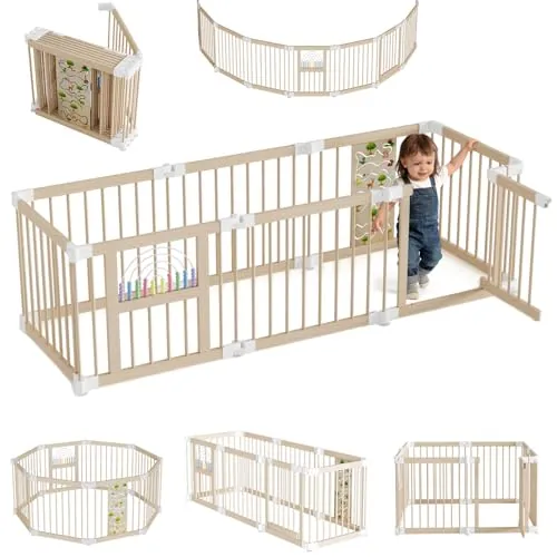 LZQ Parque infantil de madera, 8 elementos con puerta y tablero de juego, plegable, valla de barrera para bebé, parque infantil, rejilla de seguridad, rejilla de protección para gatear