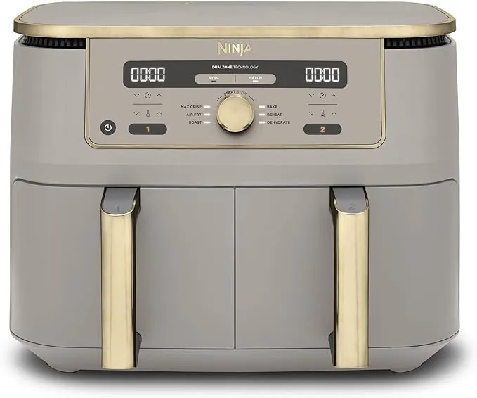 Ninja MAX Freidora de aire sin aceite con compartimento doble, 2 cajones, 9,5 l, sin aceite, Air Fry, Max Crisp, Roast, Bake, Reheat, Dehydrate, cestas antiadherentes, Piedra Dorada, DZ400EUSTGD