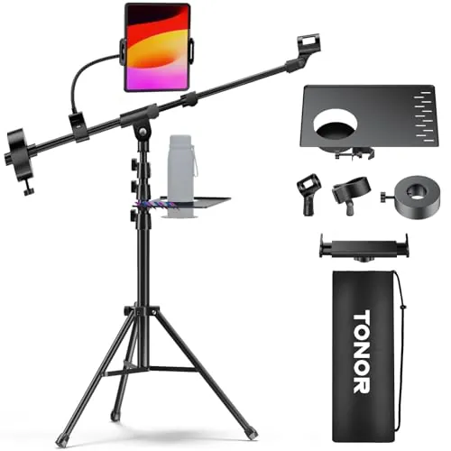 TONOR Soporte de Micrófono con Soporte para Tableta, Trípode Suelo con Altura y ángulo Ajustables, para Conciertos/Videoconferencias/Escenarios, abrazadera para teléfono/iPad, portavasos, 190 cm, T35+