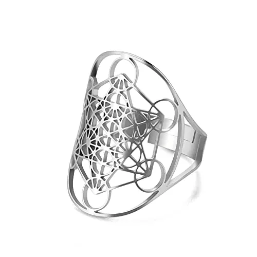 TEAMER Anillos de acero inoxidable de Arcángel Metatron de tamaño variable, joyería ajustable de la flor de la vida para mujeres y niñas (PLATA- ESTILO-F)