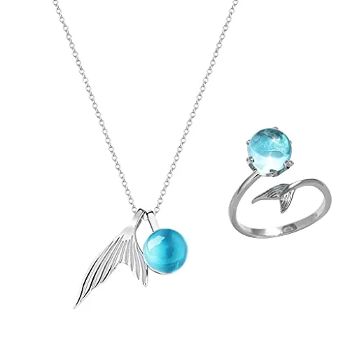 Conruich Anillo de sirena Collar de joyería de sirena Collar de cristal azul Cadena de colgantes ajustable para mujer Uso diario Joyería de fiesta Niñas Regalo de cumpleaños