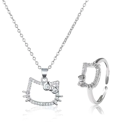 NHPY 1 Piezas Colgante Gato, Collar Para Parejas Gato, Conjunto Collar Y Anillo, Conjuntos De Joyas Para Mujer Y Niñas Amor Corazón Collar Pendientes Conjunto Cadena De Cristal Joyería De Niña