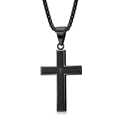 MERTTURM Collar de Cruz para Hombre, Colgantes Cruz Crucifijo, Regalo de Joyería, Acero Inoxidable Cadenas Hombre 60cm, Negro Plateado(Resistente a la Decoloración y al Sudor)