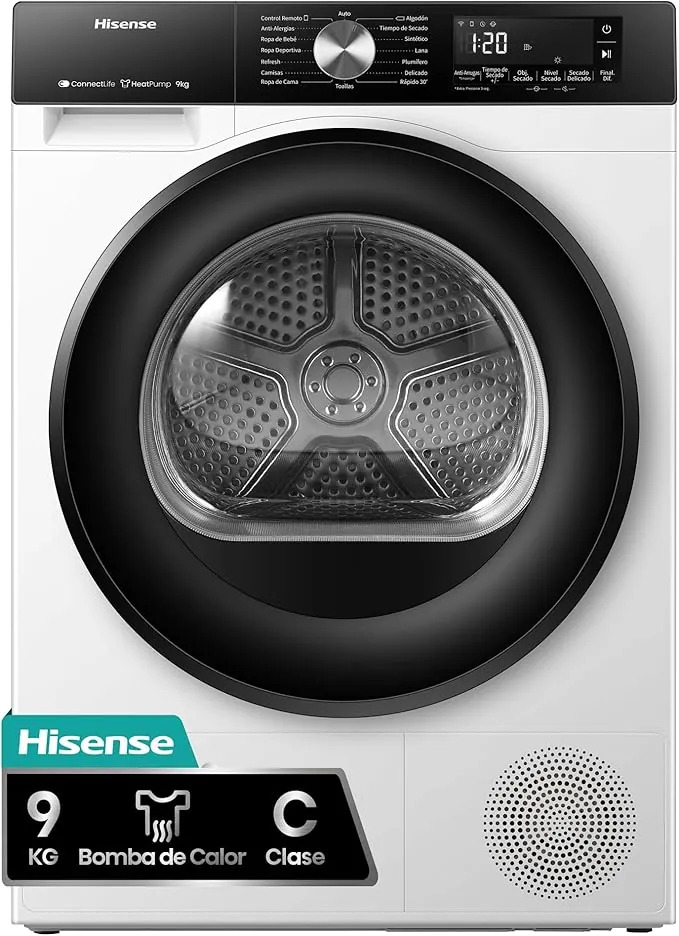 Hisense DH3S902BW3 - Secadora, 9 kg, Secado Auto Dry, Secado Rápido, Secado Anti Arrugas, Secado Allergy Care, Secado Anti Enredos, Estante de Secado, Blanco
