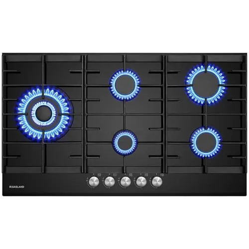 GASLAND GH2905BG1FC Cocina de Gas Butano, Encimera de Cristal Con 5 Fogones, Placa Empotrable Negra de 87cm, 2 Soportes, 10,4KW