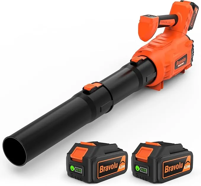 Soplador de Hojas, Bravolu Soplador con 2 Baterías de 5200 mAh y Cargador, Potente Motor sin escobillas, Velocidad del Aire MAX 305 km/h, 5 Velocidades Soplador de Hojas Eléctrico con Modo Turbo