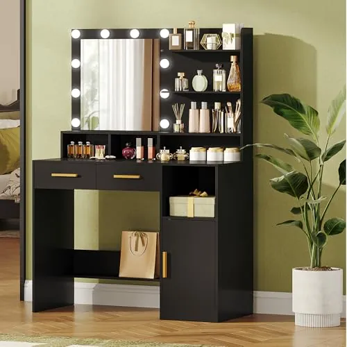 Hzuaneri Tocador, con Espejo y 10 LED Luz Regulable, Mesa de Maquillaje con 2 Cajón y 1 Armario, 3 Estantes y 4 Compartimentos Abiertos, Negro DT32506X