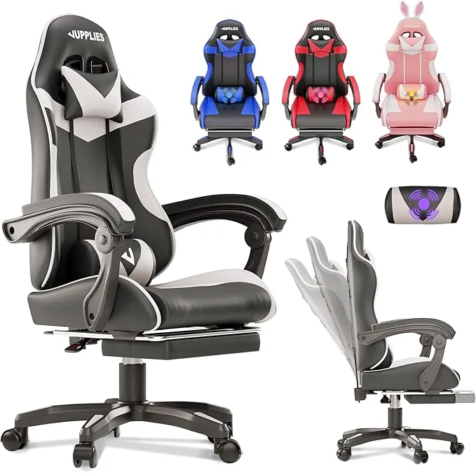JUPPLIES Silla Gaming Profesional con Masajeador - Silla de Oficina Ergonómica con Reposapiés, Altura Regulable y Respaldo Abatible - Silla Gamer para Juegos
