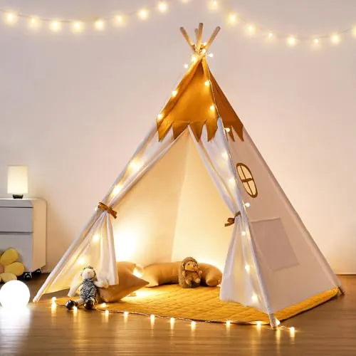 besrey Tipi Infantil Indio para Niños Tienda de Campaña Infantil Canvas Tipi de algodón con Alfombra Acolchado y Luces de Hadas (Pollito Amarillo)