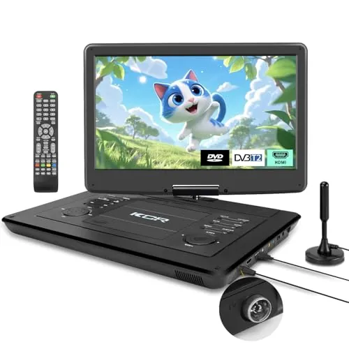 Reproductor de DVD/TV portátil de 15,6 pulgadas de KCR para niños y coches, pantalla LED de 15,6 pulgadas y sintonizador de TV digital DVB-T2, batería recargable, soporte USB/HDMI/AV/Audio y múltiples