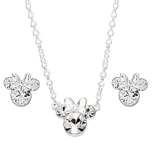 Disney Minnie Mouse Crystal Necklace and Stud Earrings and Set, Mickey's 90th Birthday Anniversary; Silver Plated Jewelry for Women