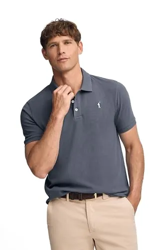 Polo Club - Polo Hombre | Manga Corta | 100% Algodón Piqué | Cierre 3 Botones | Logo Bordado Contraste | Regular Fit | Combina con Chinos o Vaqueros, Azul Denim, L
