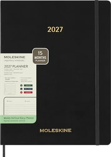 Moleskine Agenda Semanal 2026-2027, Agenda Essential de 15 Meses Vista Vertical con Horarios Diarios y Tapa Blanda, Formato XXL 23,5x28,14 Cm, Color Negro