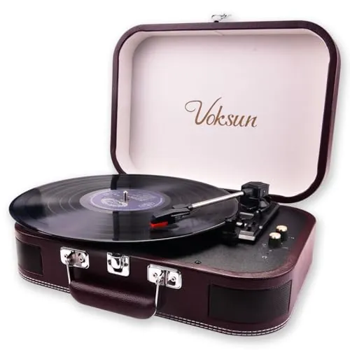 Tocadiscos de Vinilo, VOKSUN Tocadiscos Portátil Vintage con Altavoces Incorporados, Reproductor LP Vinilo con In/out Bluetooth con 3 Velocidades, Maleta USB, Entrada AUX, Línea RCA, Auto-Stop (Rojo)