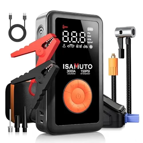 Arrancador de Coche 3000A con Compresor de Aire 150 PSI, Booster Batería 12V para Motores Gasolina 7.0L y Diésel 6.0L, Inflador Portátil con Pantalla LCD y Luz LED