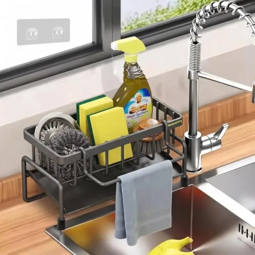 Makenrry Organizador de Fregadero Cocina, Soporte para Estropajo y Esponja con Bandeja de Drenaje, Para Almacenaje de Cocina y Baño, Con Ventosas (Gris Mate)