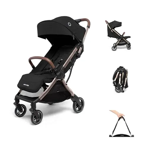 Maxi-Cosi Eva3 Cochecito, 0-4 años, 0-22 kg, silla paseo bebé, cochecito ligero y compacto, posición totalmente reclinada, plegado automático con una mano, Essential Black Champagne