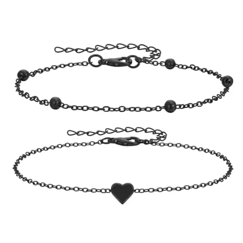 YDNURSCT Tobilleras Negras para Mujer 2 Unidades, Pulseras Tobilleras Ajustables de Acero Inoxidable, 22+7 cm, Impermeables para Playa, Fiesta y Uso Diario