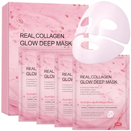 4 Piezas Mascarilla de Colageno - Cosmetica Coreana Facial Mascarillas Colageno Faciales Coreanas, Collagen Face Mask, Reduce los Poros, Hidrata Profundamente y Revitaliza la Piel