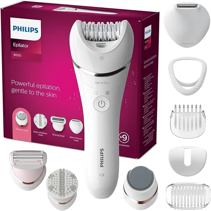 Philips Depiladora Mujer Serie 8000, 9 en 1, Para Cuerpo, Cara, Pies y Bikini, Uso en Seco o Humedo, Piel Suave desde Casa, Cabezal Ceramico, BRE740/10, Blanco