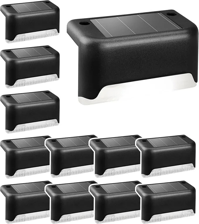 Solpex Juego de 12 luces solares impermeables para vallas, escaleras exteriores, escaleras, vallas, patios, patios y caminos (negro, blanco)
