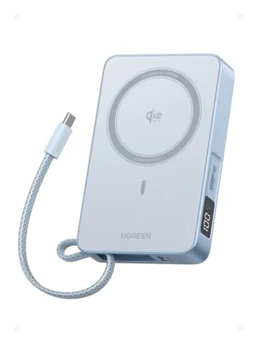 UGREEN Magflow Qi2 25W Power Bank 10000mAh con Inducción Magnética y Carga Rápida Banco Energía con Cable USB C Integrado 30W Compatible con Magsafe iPhone 17 Pro MAX Air 16 15 14 13 12 (Azul)