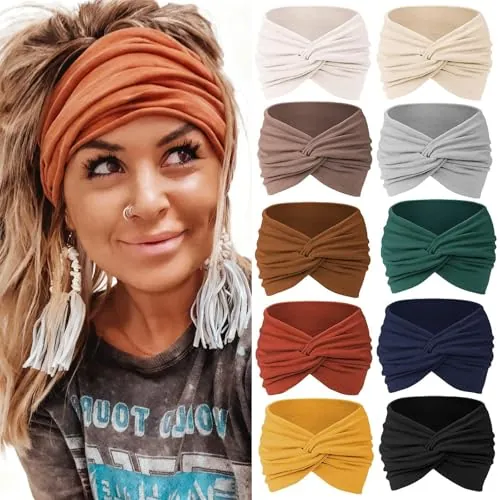 Euablfo 10 Piezas Turbantes Para Mujer, EláSticas De Algodón, Finas, Ideales Para Yoga, Correr, Gimnasio Y Entrenamiento, Color Liso