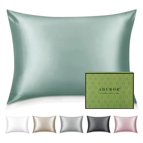 Adubor Funda de Almohada Seda de Morera 100%, Verde Lago, 80x40CM | 22 Momme, 900 Hilos, con Cremallera Oculta, Para Cabello y Piel, Suave y Liso, 1PC