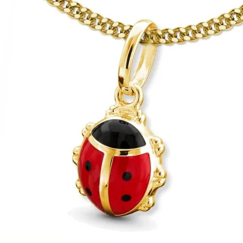 CLEVER SCHMUCK Cadena de oro para niña, colgante de mariquita, 13 mm, lacada en rojo, con cadena de eslabones de 38 cm, plata de ley 925 chapada en oro, collar infantil en estuche rosa