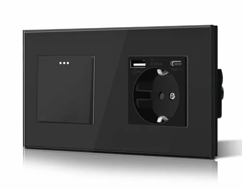 BSEED Interruptor Normal y Enchufe USB C,Basculante Con Luz de Orientación,Marco de Cristal,Fácil Instalación,Fáciles de Limpiar,1 Gang 1 Vía Con Enchufe USB/Tipo C,157mm Negro