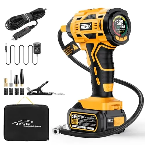 AUTDER Inflador de Neumáticos Portátil 180 PSI | Compresor de Aire Inalámbrico, Batería Extraíble de 21V, Cable de Alimentación para Coche 12V, Apagado Automático