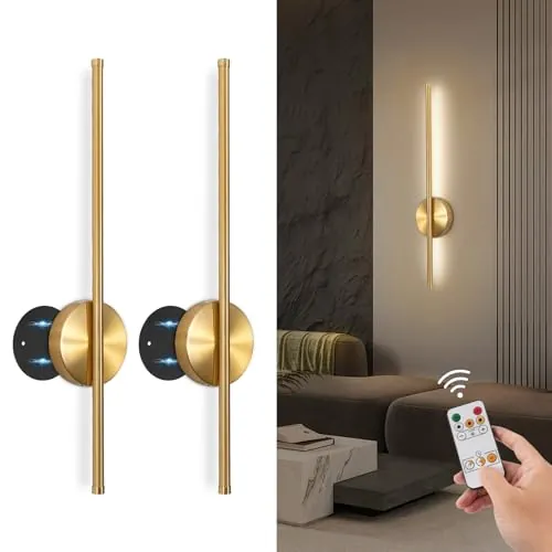 TaoFiaCo 60CM LED Aplique de Pared Interior Recargable Oro - Lámpara de Pared con Mando a Distancia 3 Temperaturas de Color - Luz de Pared LED con Batería Inalámbrica para Salón Dormitorio 2 Piezas