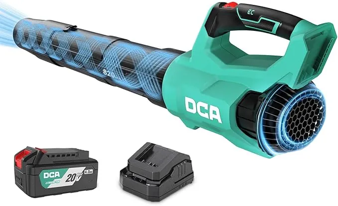 DCA Soplador de Hojas a Batería 20V con Motor Brushless, Volumen de Aire 820 m³/h y 193 km/h, Incluye Batería 4.0Ah, Ligero 1,5kg, Velocidad Variable para Limpieza de Jardín y Polvo