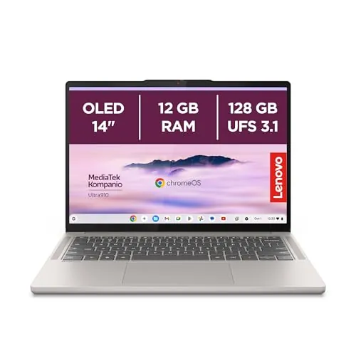 Lenovo Chromebook Plus Gen 10 - Ordenador Portátil 14'' OLED WUXGA (MediaTek Kompanio Ultra 910, 12GB RAM, 128GB UFS, ChromeOS)-Seashell+1 año de Google AI Pro con 5TB de Almacenamiento