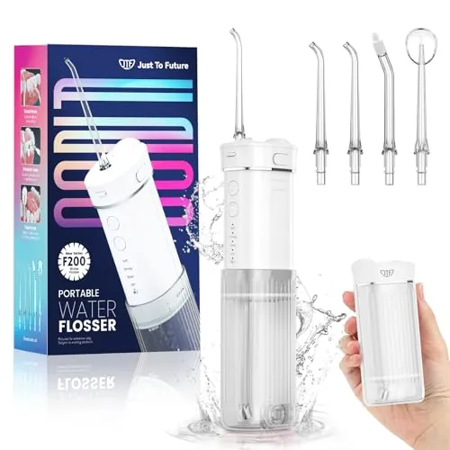 JTF Irrigador Bucal Mini, Portátil Dental Limpieza Eléctrica Inalámbrico Viaje con 5 Boquillas, 4 Modos de Pulso, 230 ML Depósito de Agua Retráctil, IPX7 Resistente Al Agua (Blanco)