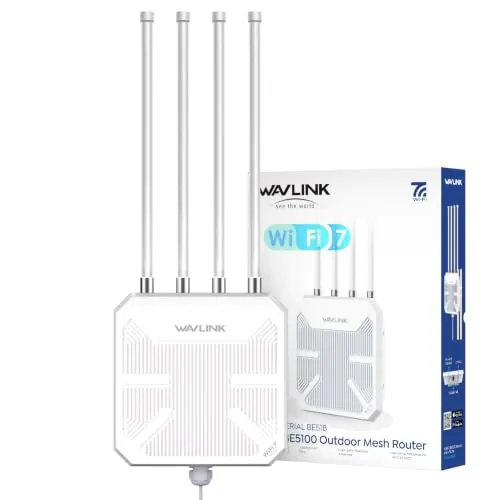 WAVLINK WiFi 7 Outdoor Mesh BE5100 – Router y Access Point Impermeable IP67 con PoE, Antenas 8 dBi, Protección contra Rayos para Granjas, Jardines y Uso Comercial