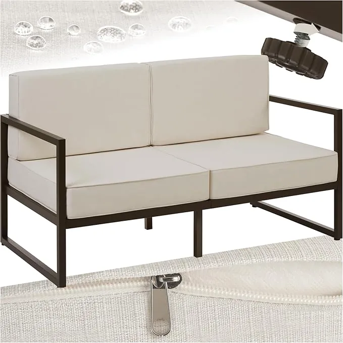 tectake® Conjunto Jardín Exterior de Acero, Sillones Terraza con Acolchado Grueso, Sillas Jardín con Pies Ajustables, Muebles Jardín Exterior, Fundas Repelentes al Agua, Sofás para Jardín - 2 plazas