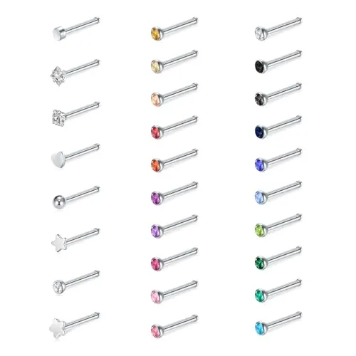 WillTen 30 piezas de pendientes de nariz rectos plateados, 20G, pendientes de nariz de acero quirúrgico inoxidable rectos o en forma de L, pendientes de nariz pequeños, joyería de perforación de nariz