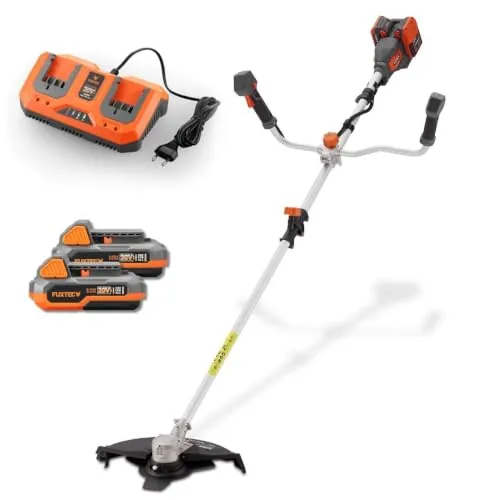 Desbrozadora a batería FUXTEC 40 V FX-E2MSCSET • Cortabordes y desbrozadora 2 en 1 a batería con 35 cm de Ancho de Corte • 2x20 V • Incluye baterías y Cargador • Correa de Transporte • 2 Niveles