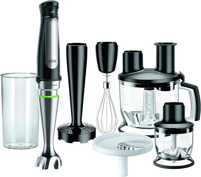 Braun Minipimer 7 - Batidora de Mano con Tecnología SplashControl, Sistema ActiveBlade para Alimentos Duros, Selección de Velocidad, Procesador 1,5L, Picadora, Vaso 600 mL, 1000 W, Negro (MQ7087X)