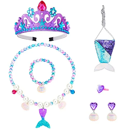 Abeillo Kit de joyería de sirena para niñas, juego de joyas incluido, corona y collar de concha de sirena, aretes, bolsas de organza, regalos de cumpleaños para fiesta de disfraces