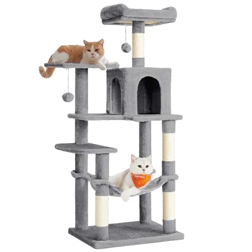 Feandrea Árbol para Gatos, Altura 143 cm, Torre de Gatos, con 4 Postes Rascadores, 2 Plataformas, 1 Cueva, 1 Hamaca, 2 Pompones, Tela de Felpa, Multinivel, Gris Claro PCT161W01