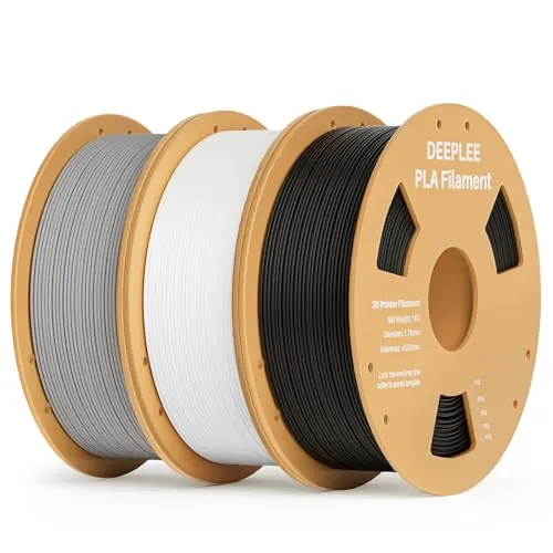 DEEPLEE Filamento PLA 1.75 mm, Kit 3 Bobinas Negro, Blanco y Gris (3kg). Precisión ±0.02 mm. Enrollado Perfecto, Sin Atascos. Compatible con Impresoras 3D FDM.