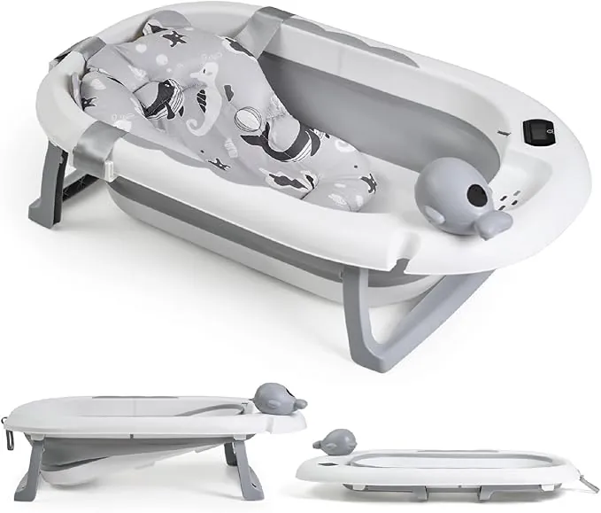 Buddy Baby - Bañera Plegable BebéSplash con Temperatura - Desde 0 meses - Cojín reductor extraíble - Base antideslizante - Tapón desagüe - Diseño compacto y portátil - Regadera ballena